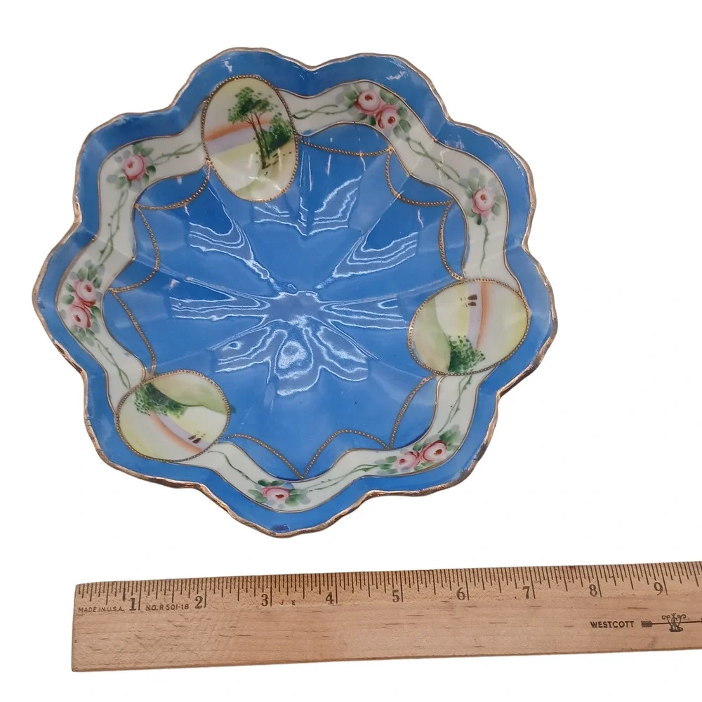 VTG Hand Painted Porcelain Scalloped Dish Blue Floral Gold Trim Japan Plate Bowl
